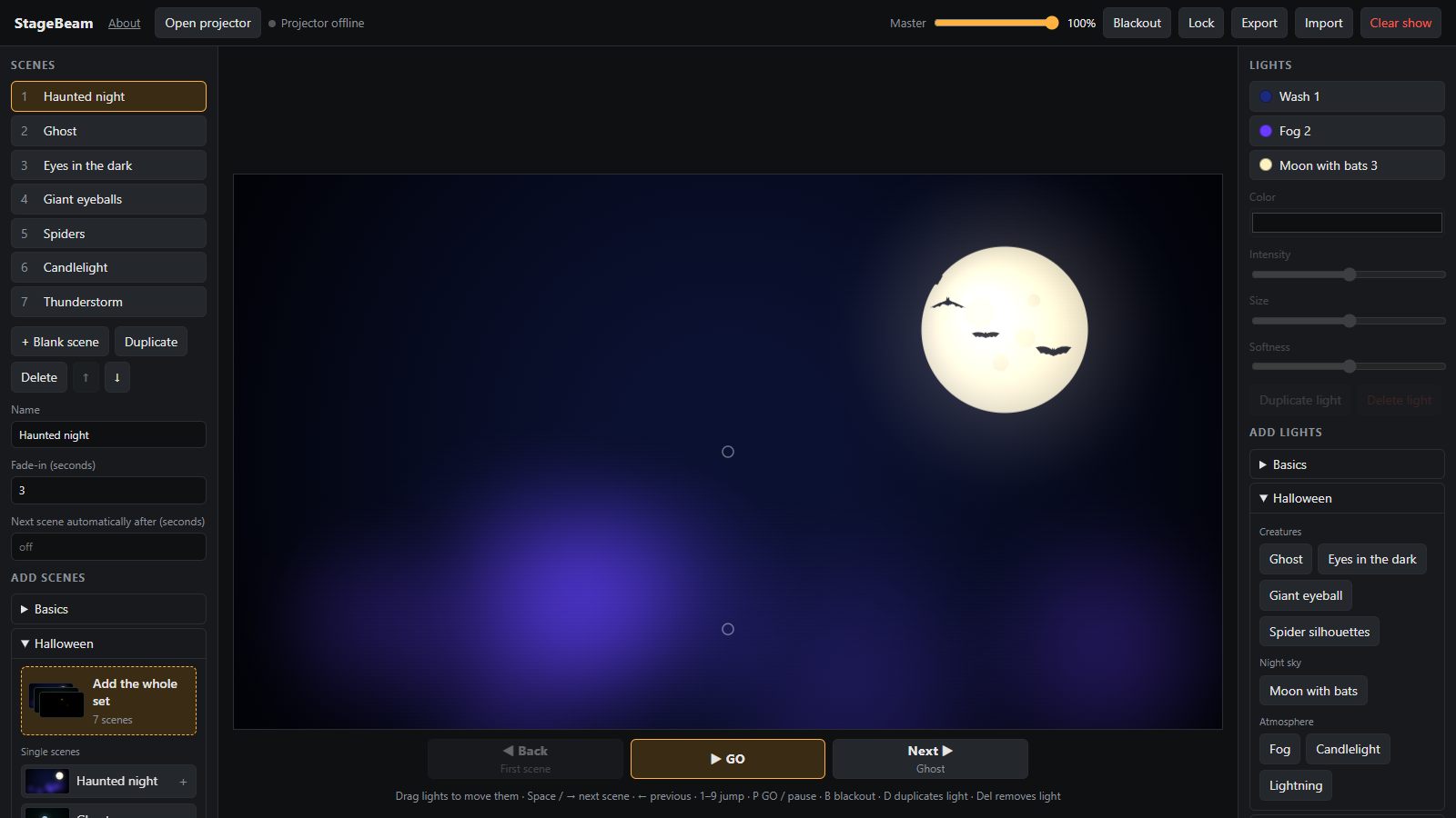 The StageBeam controller: scenes on the left, a preview of the light in the middle, lights and effects on the right
